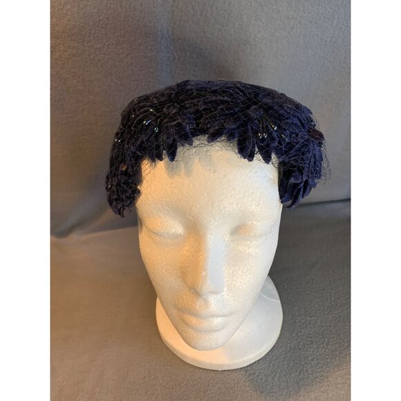 Ladies Navy Flowers with Velvet Bow Hat Vintage - Picture 7 of 9